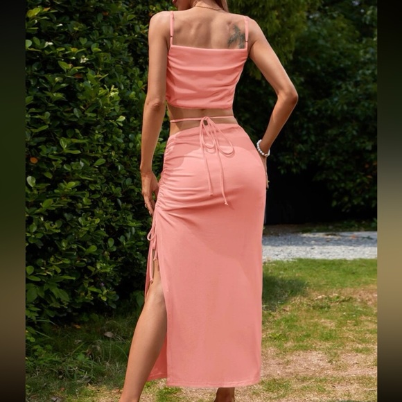 Pink Cut Out Ruched Tie Back Split Thigh Cami midi Dress - Picture 4 of 7